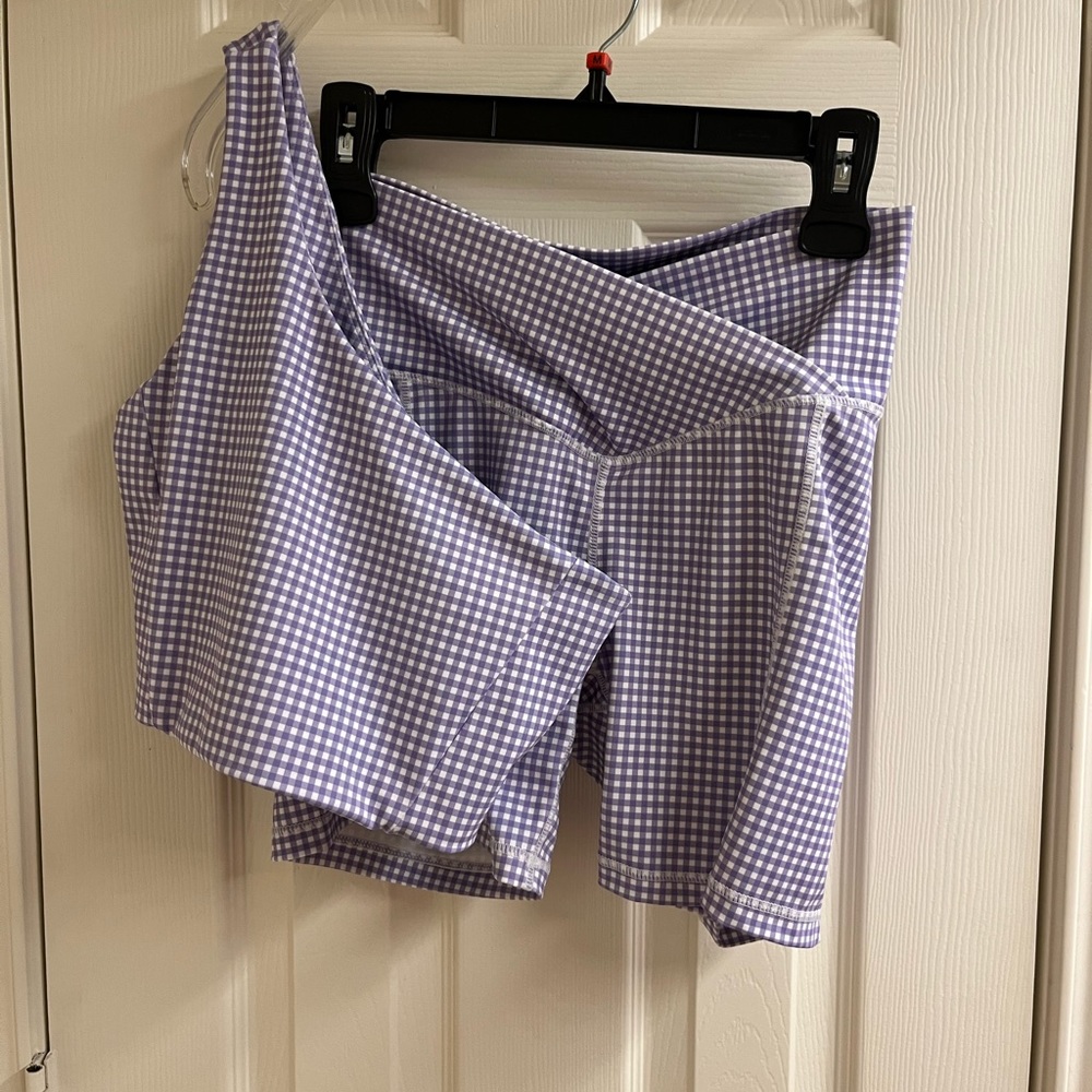 Wilo purple white gingham 2 piece high rise short matching set sports bra
